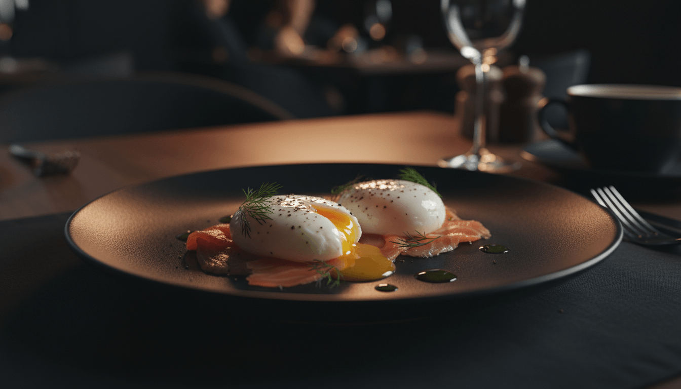 A high protein breakfast with organic eggs and smoked salmon on a dark ceramic plate
