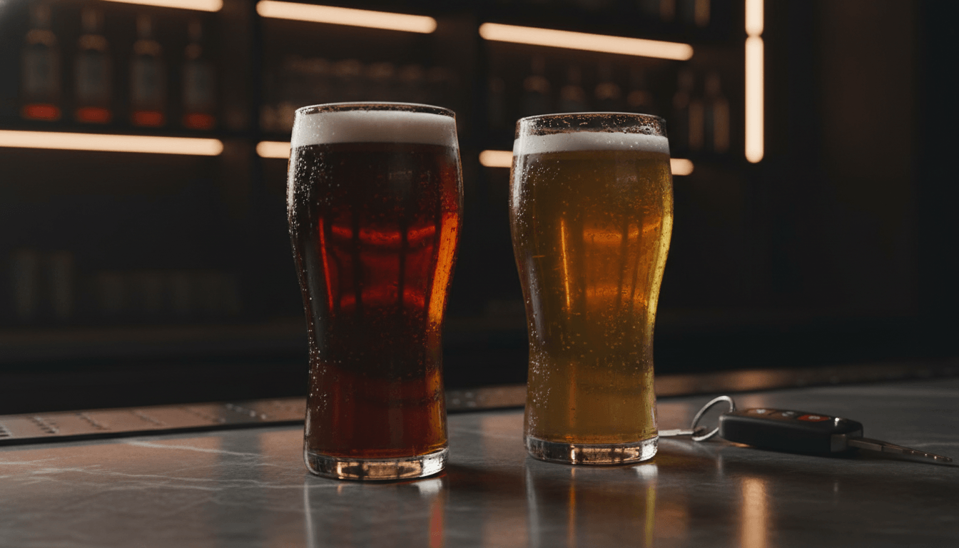 Two glasses of beer on a bar counter showing alcohol levels