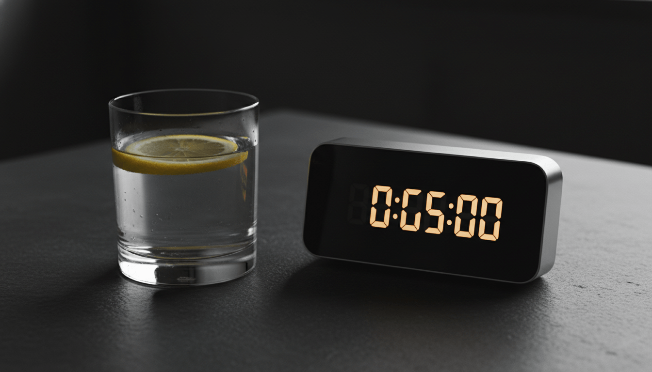 Sleek glass of water with a lemon slice next to a digital timer on a dark slate background