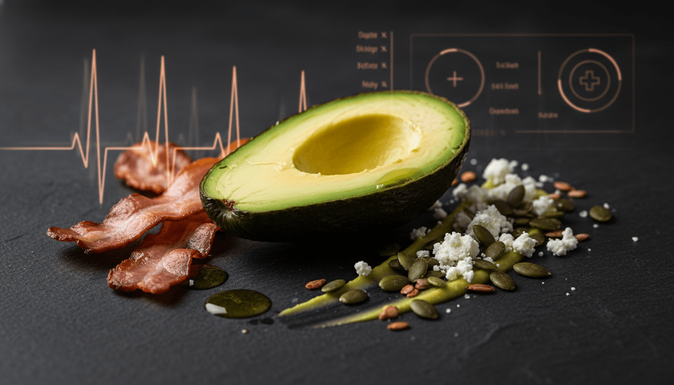 Fresh avocado and low carb keto ingredients arranged on a dark charcoal background