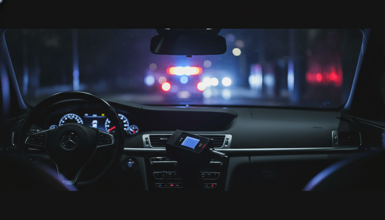 Cinematic night view from inside a luxury car with blurred police lights through the window
